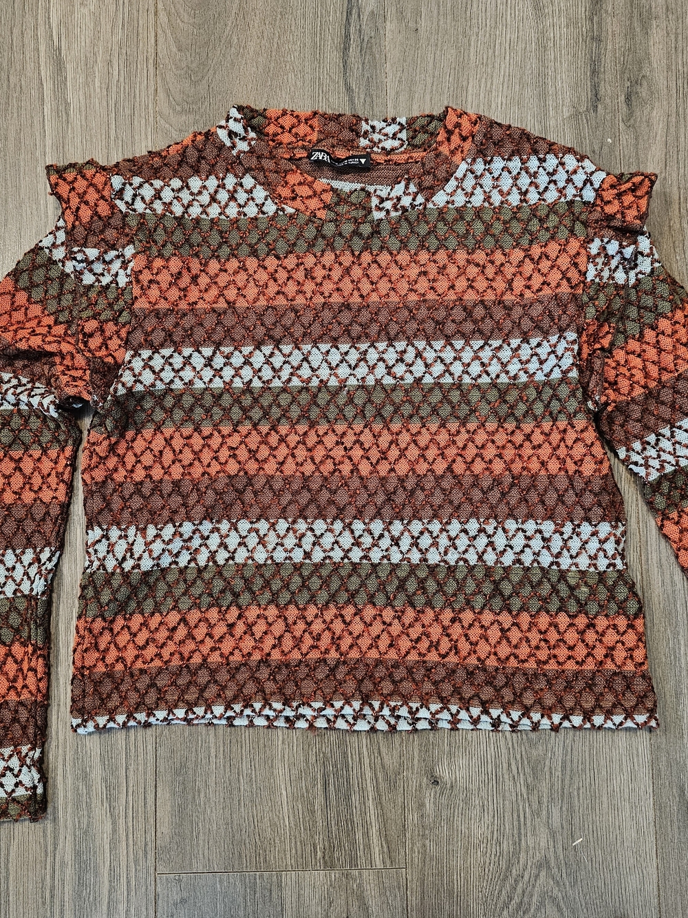 Zara Orange Brown Light Blue Striped Open-Knit Long Sleeve Top
